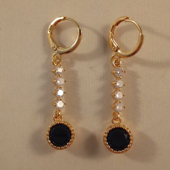 18K Yellow Gold Filled Sapphire Navy Blue White Diamond Zircon Dangle Earrings - Picture 2 of 5